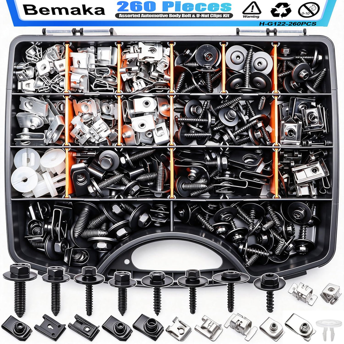 Bemaka front packaging case showing organized fastener assortment and easy transport