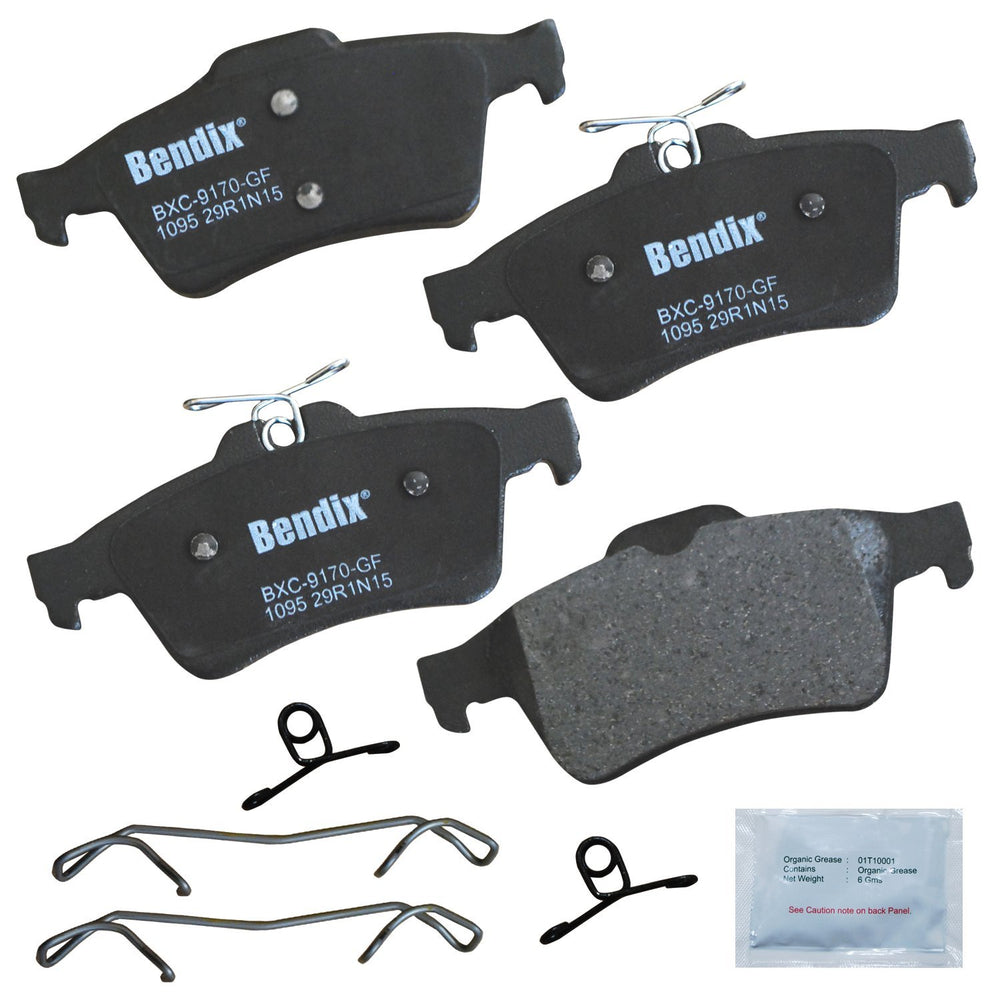 Bendix rear brake pad front packaging showing OE-fit and quiet benefits