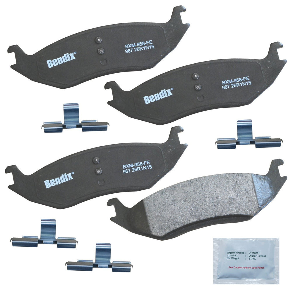 Bendix rear brake pad packaging showing complete replacement kit benefit