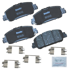 Bendix packaging front view showing complete front pad set and hardware benefit convenience