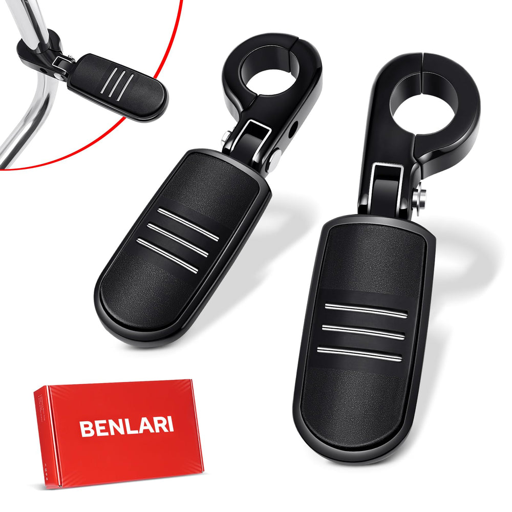 Benlari front view of highway pegs showing sturdy black finish and fit