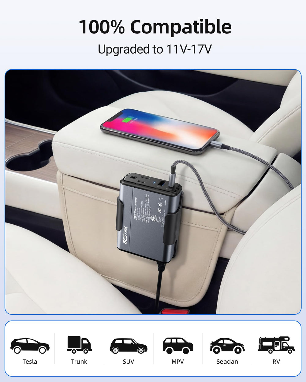 BESTEK size comparison next to phone, compact inverter portability