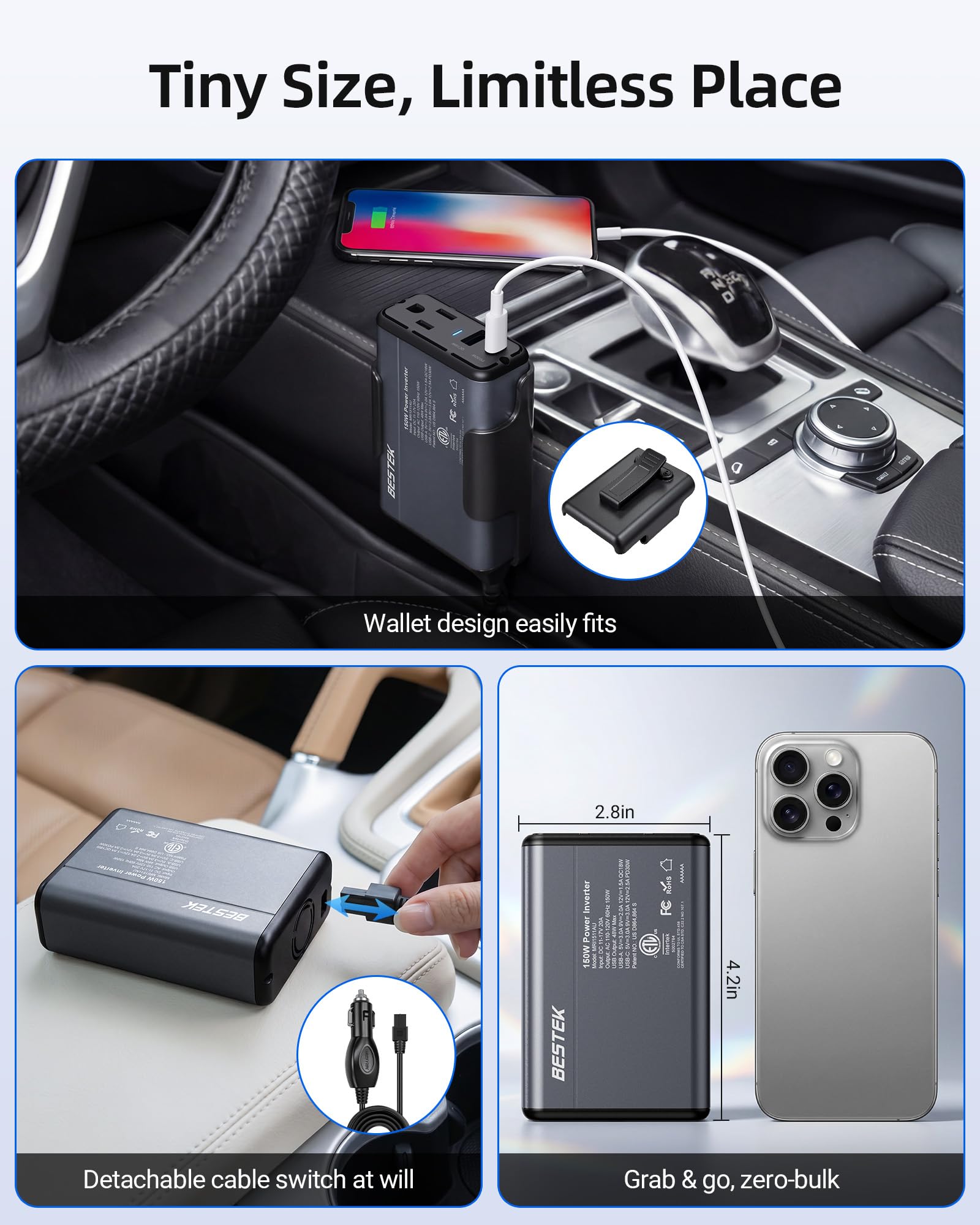 BESTEK detachable cable shown separate, tidy storage and connection