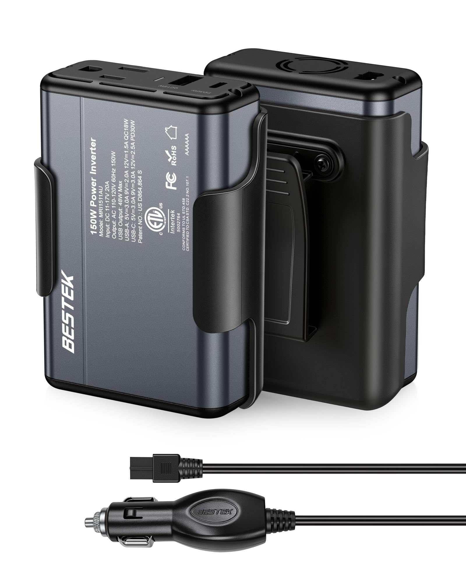 BESTEK front view showing AC outlet and ports, compact travel power