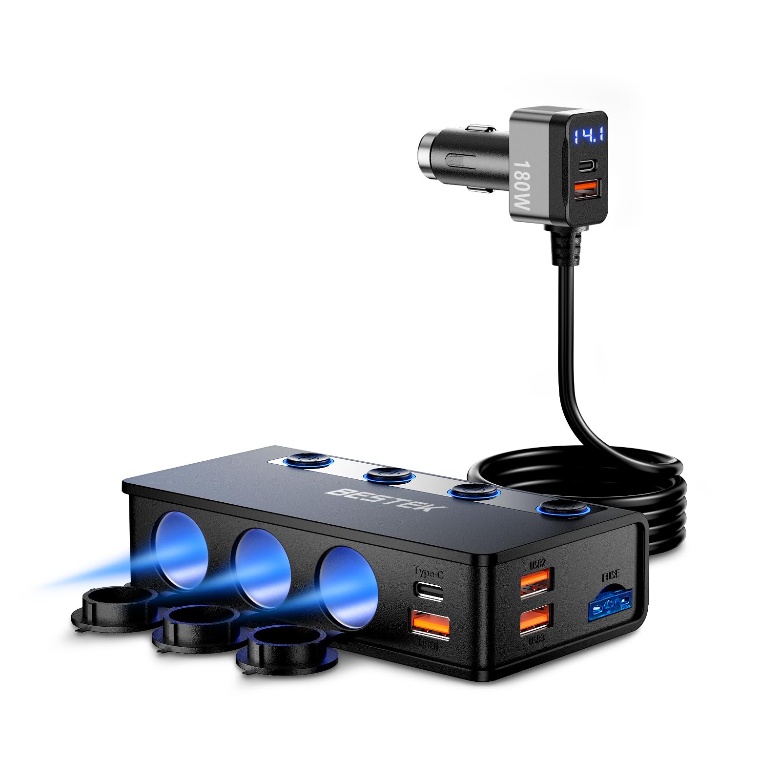 BESTEK front view of splitter showing all sockets and USB ports for expanded power