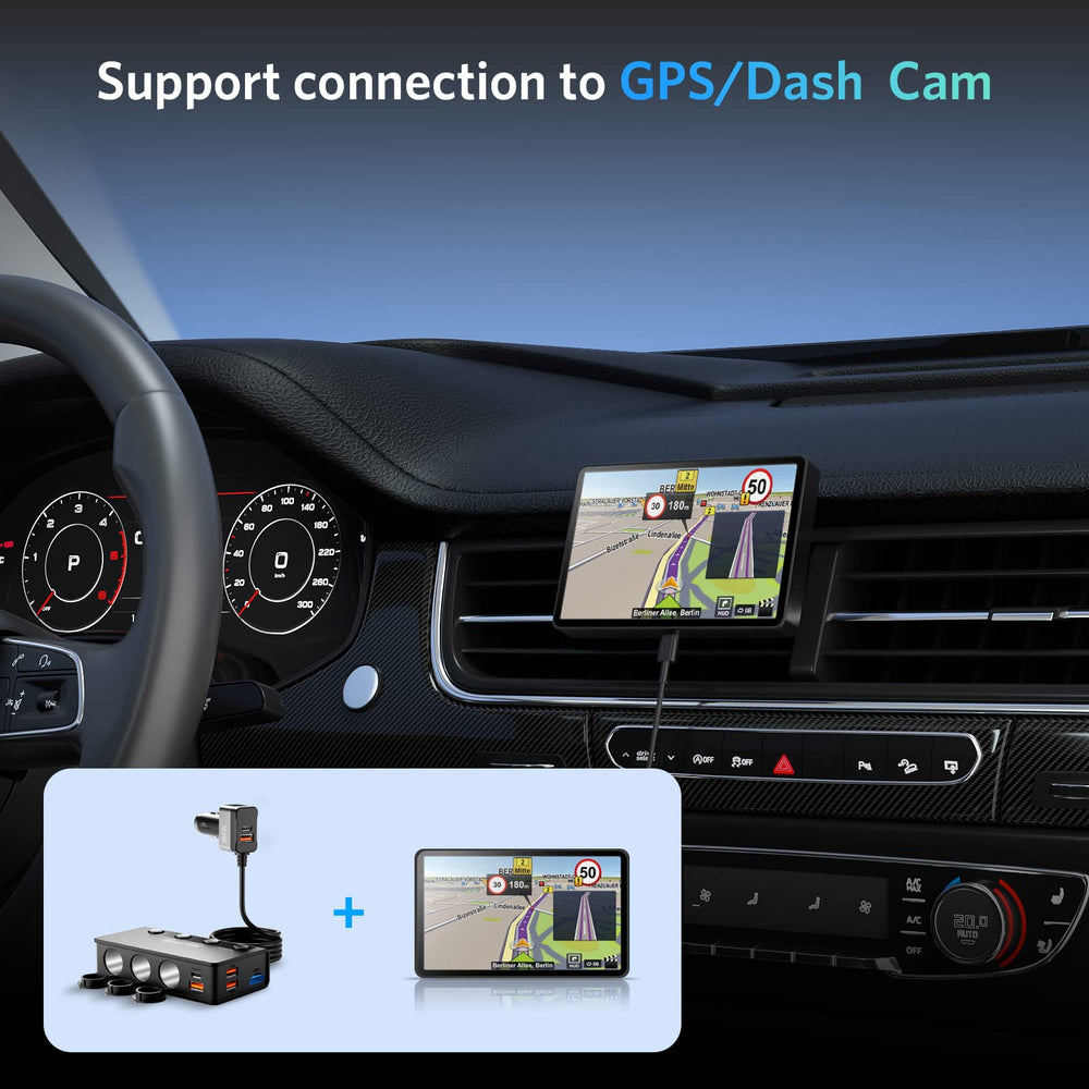 BESTEK installed in car dashboard supplying power to devices during a drive