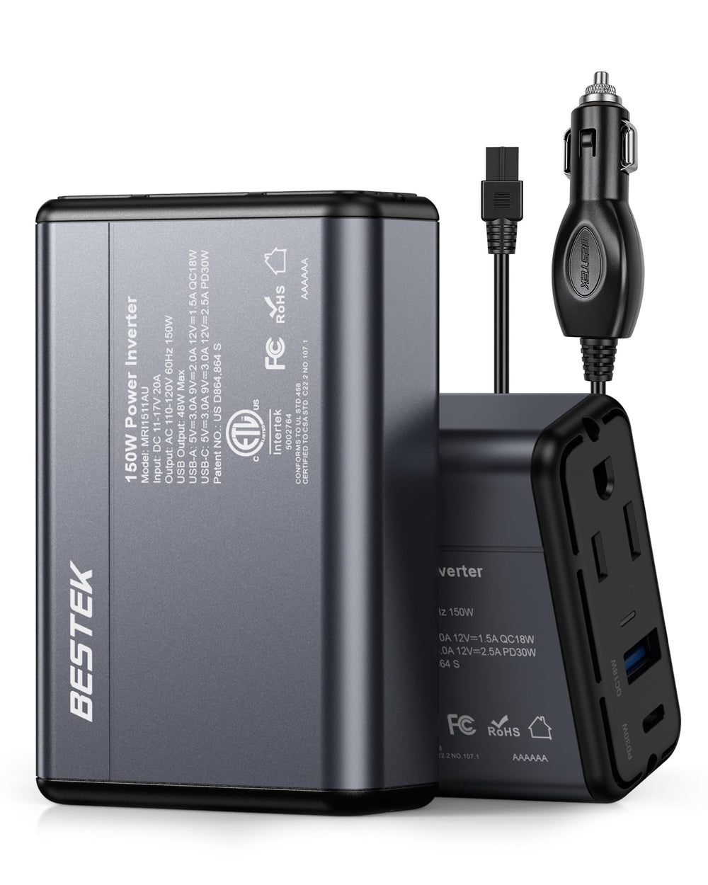 BESTEK inverter front panel showing AC outlet and ports, offering versatile power