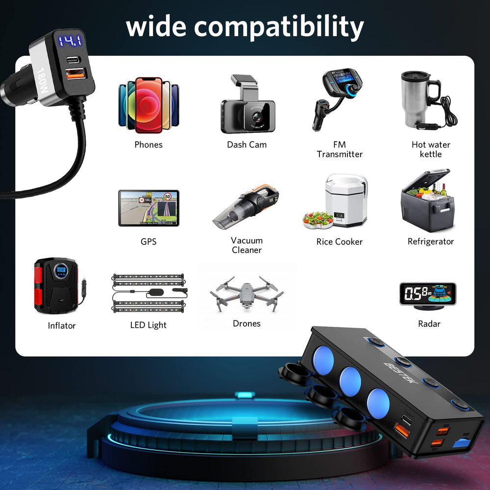 BESTEK size comparison with phone and laptop to show scale and portability