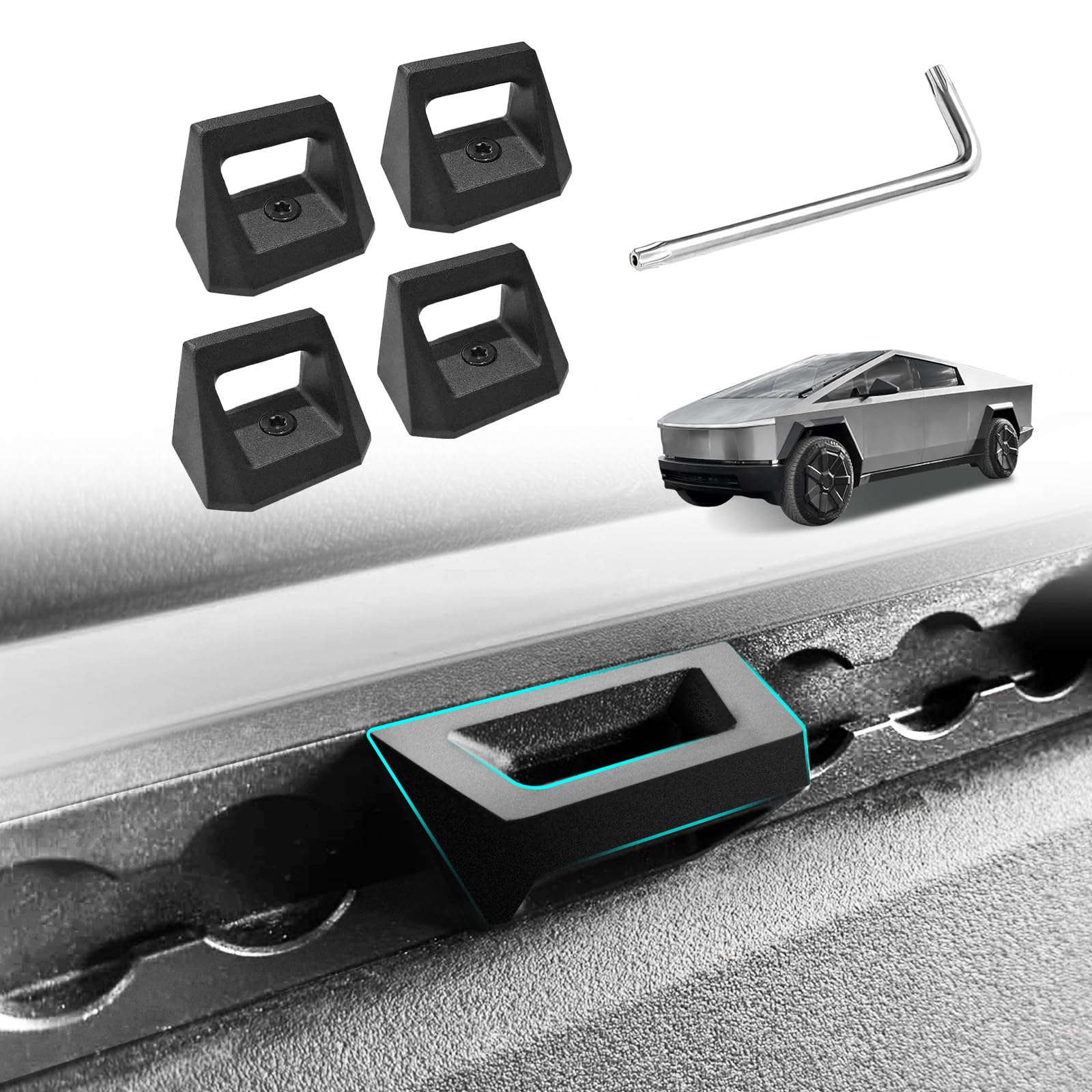 BestEvMod front packaging showing four Cybertruck bed rail hooks and included driver for easy setup