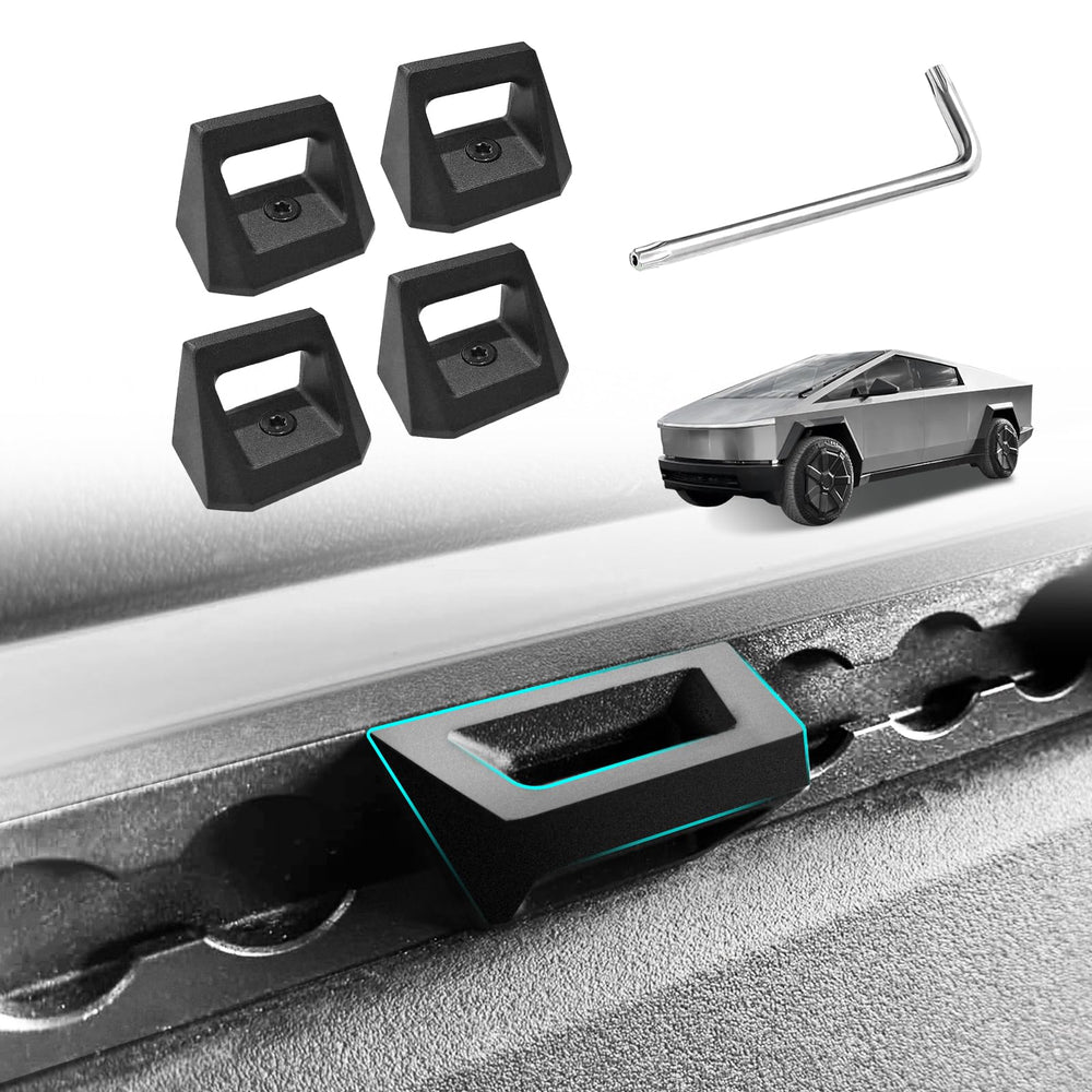 BestEvMod front packaging showing four Cybertruck bed rail hooks and included driver for easy setup