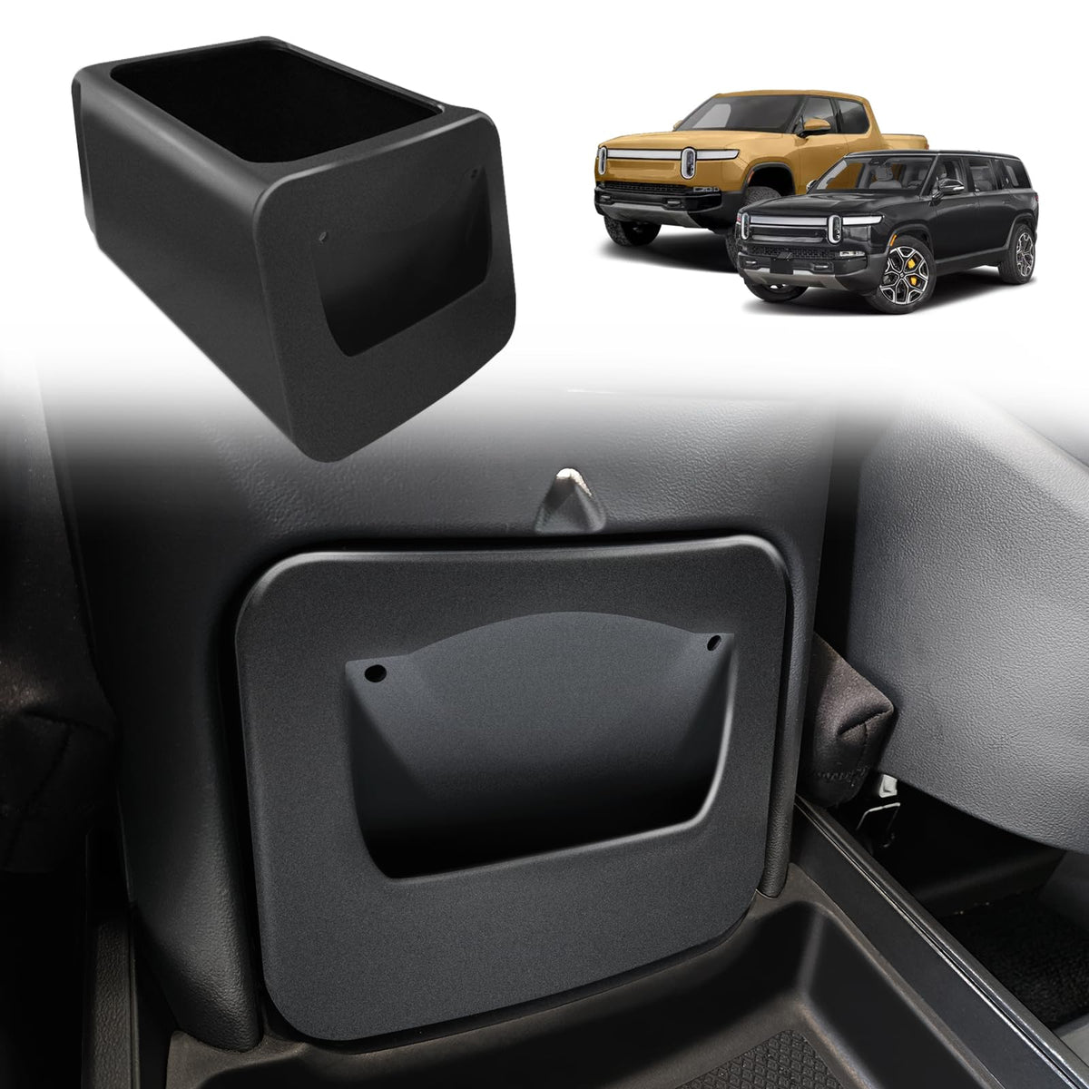 BestEvMod front view installed in Rivian, showing clean OEM fit and secure storage