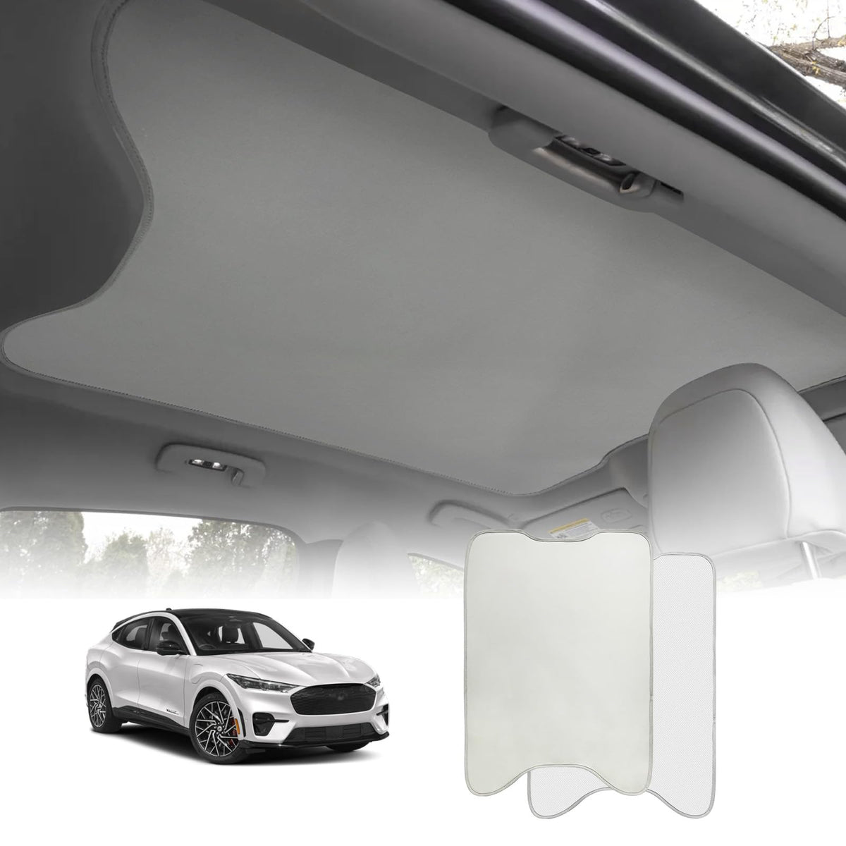 BestEvMod sunshade installed on Mach‑E sunroof showing neat fit and heat reduction