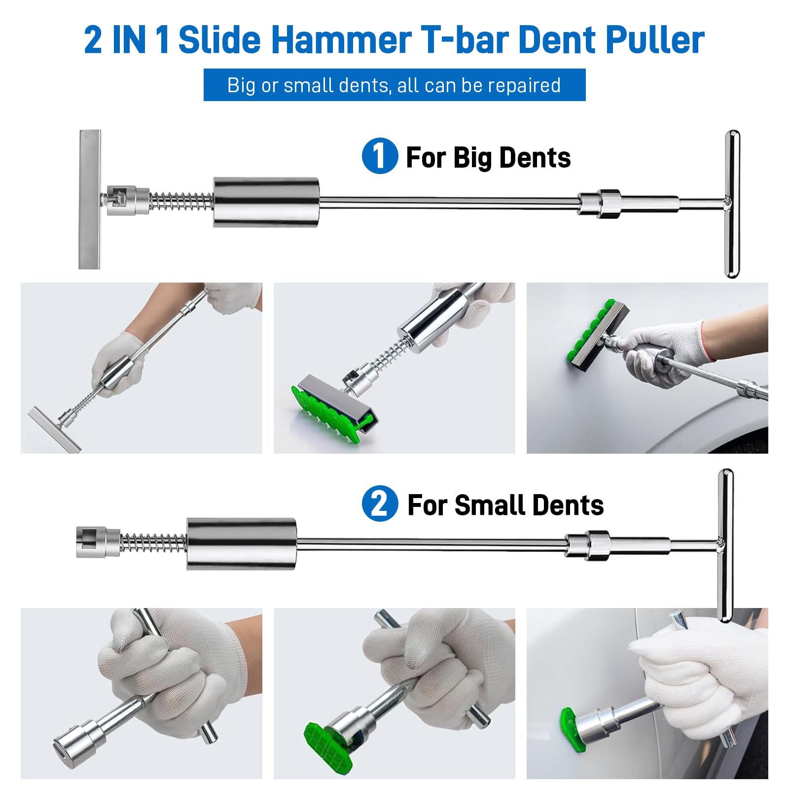 BESTGLOAL T-bar slide hammer in use lifting a car dent with controlled force