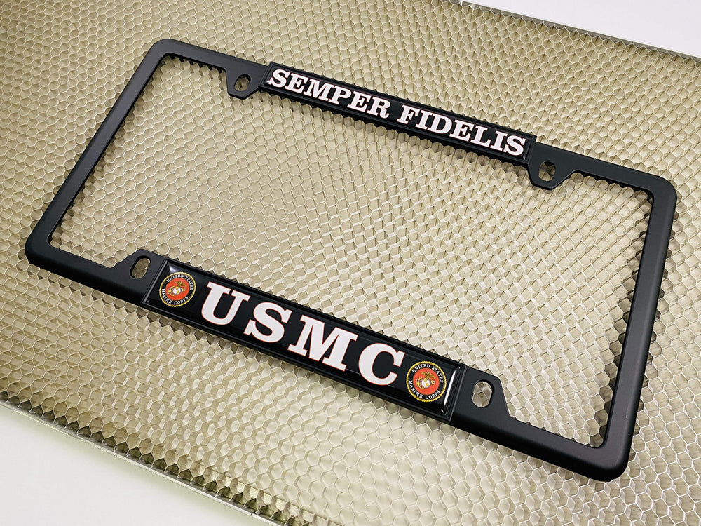 BestLicensePlateFrames USMC mounted on vehicle bumper demonstrating fit and patriotic display