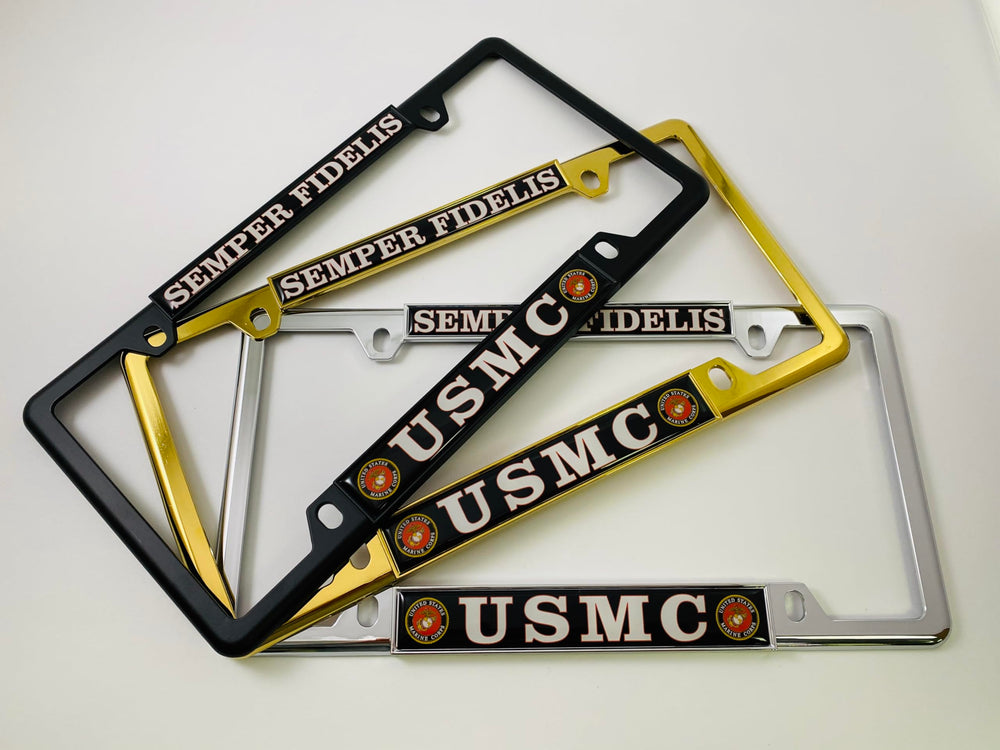 BestLicensePlateFrames USMC frame resisting rain to illustrate weather and rust resistance