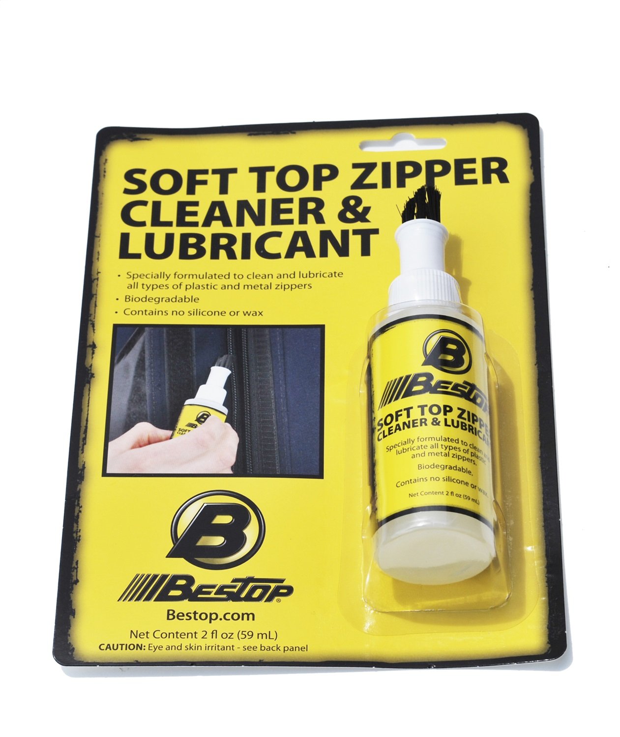 Bestop zipper cleaner front label showing bottle and easy-apply tip for smooth zipper operation