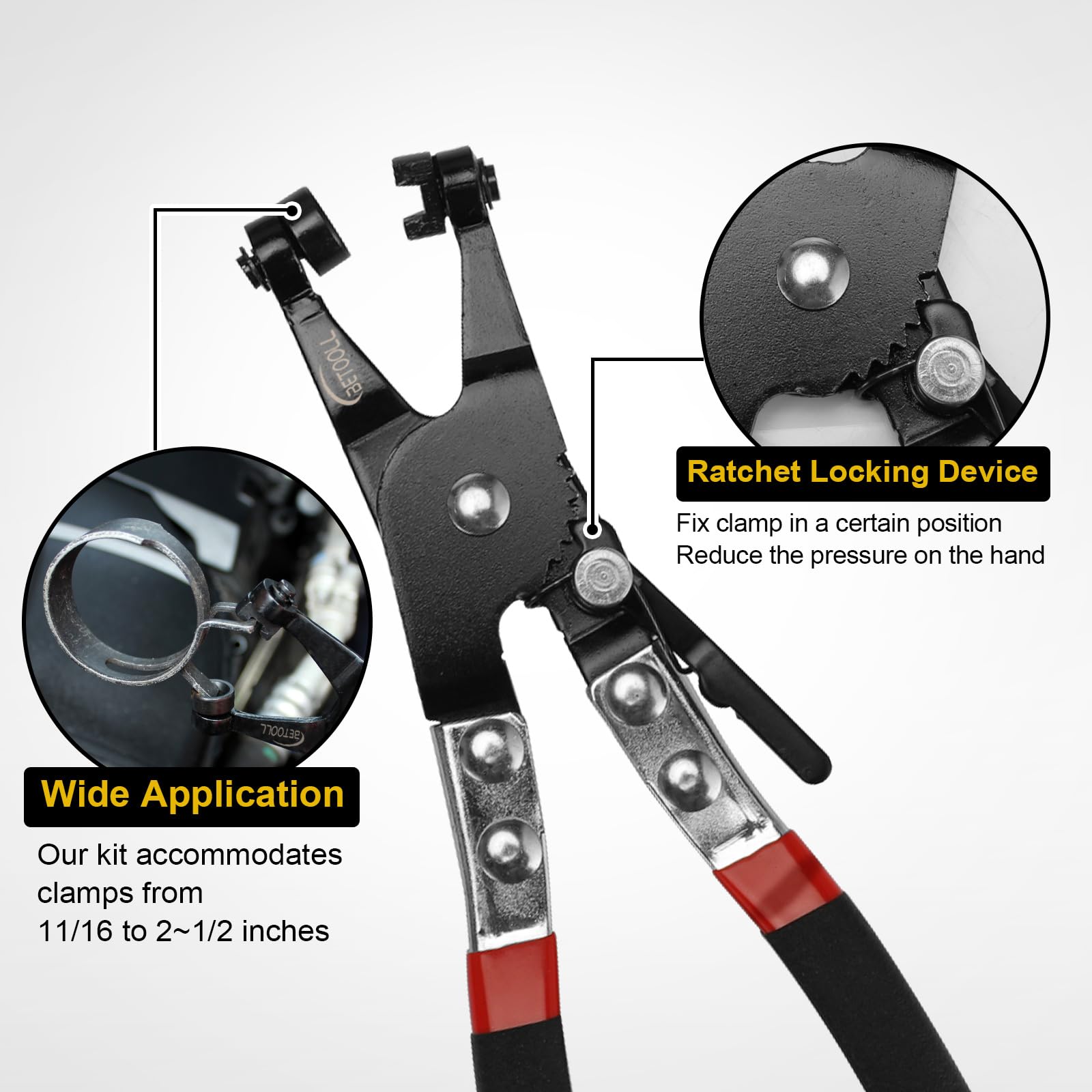 BETOOLL angled flat band pliers in use on radiator hose for easier clamp removal in tight engine bays