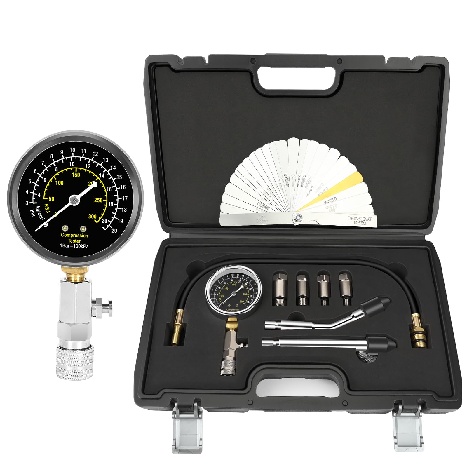 BETOOLL complete compression tester kit front view showing components and case for easy diagnostics