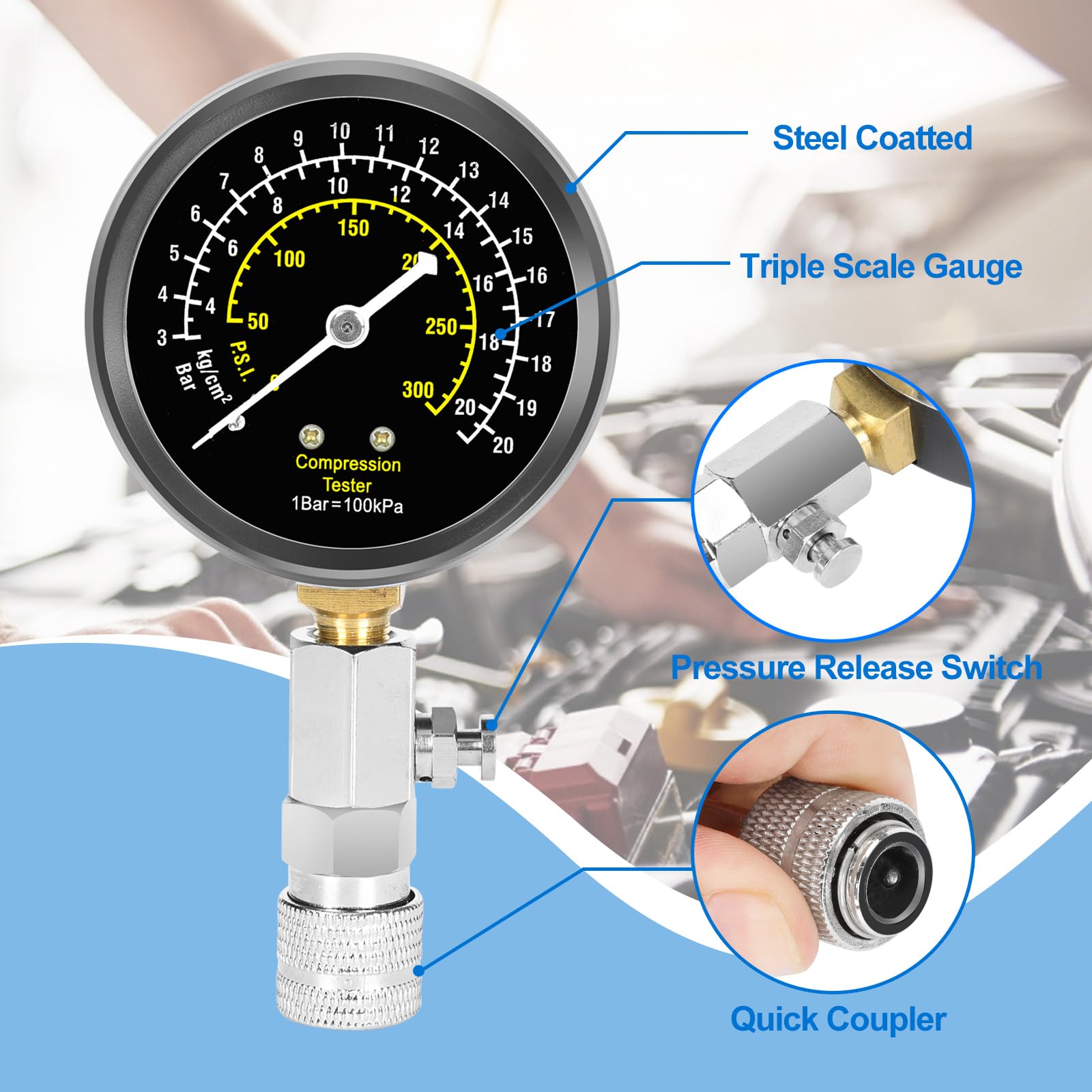 BETOOLL compression gauge connected to an engine spark plug hole illustrating testing in action