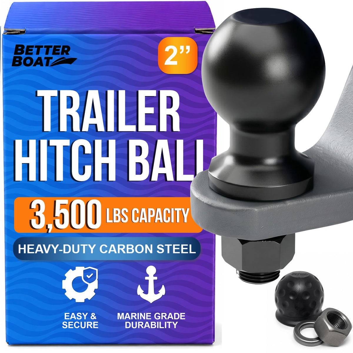 Better Boat front view of 2-inch hitch ball showing durable finish and design benefit