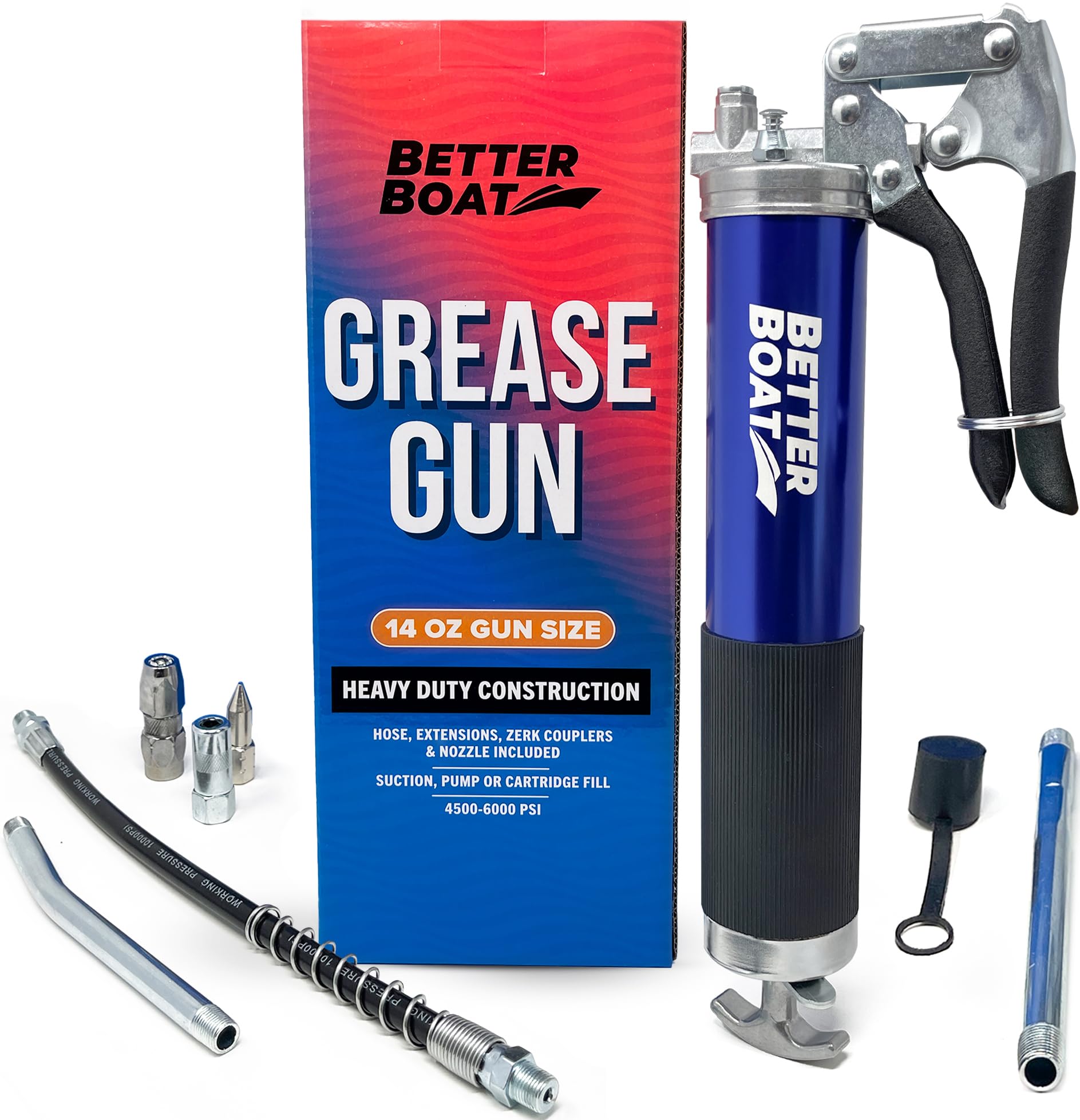 Better Boat front view of grease gun kit showing full components and easy storage benefit