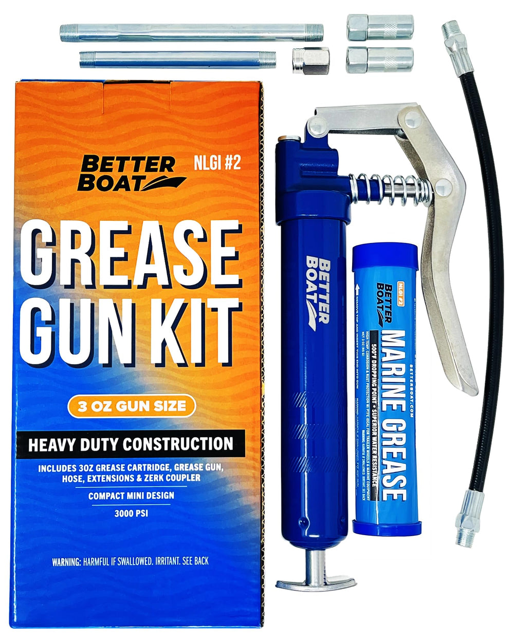 Better Boat front view of mini grease gun showing compact kit and immediate readiness