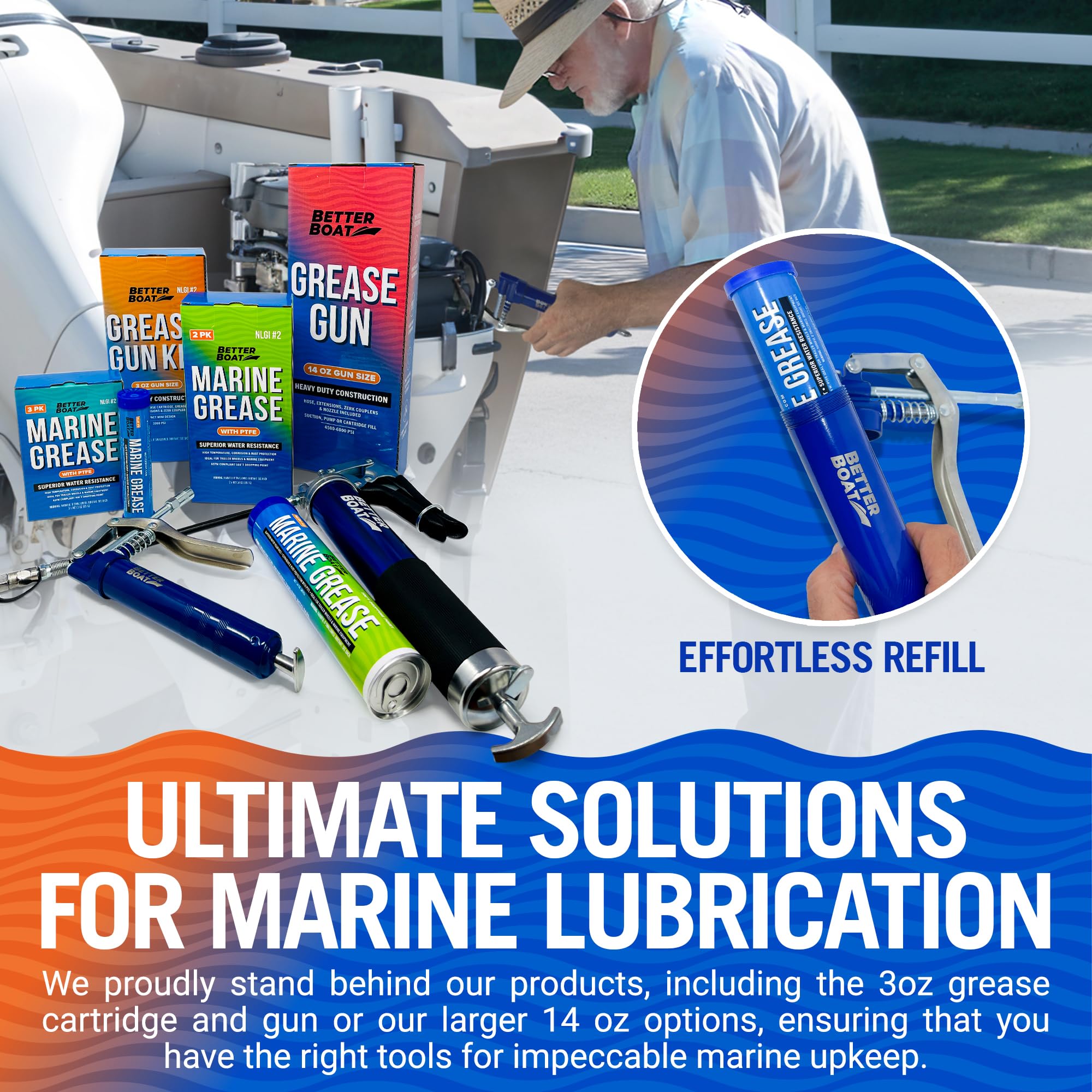 Better Boat grease gun held in hand to show compact size and easy handling