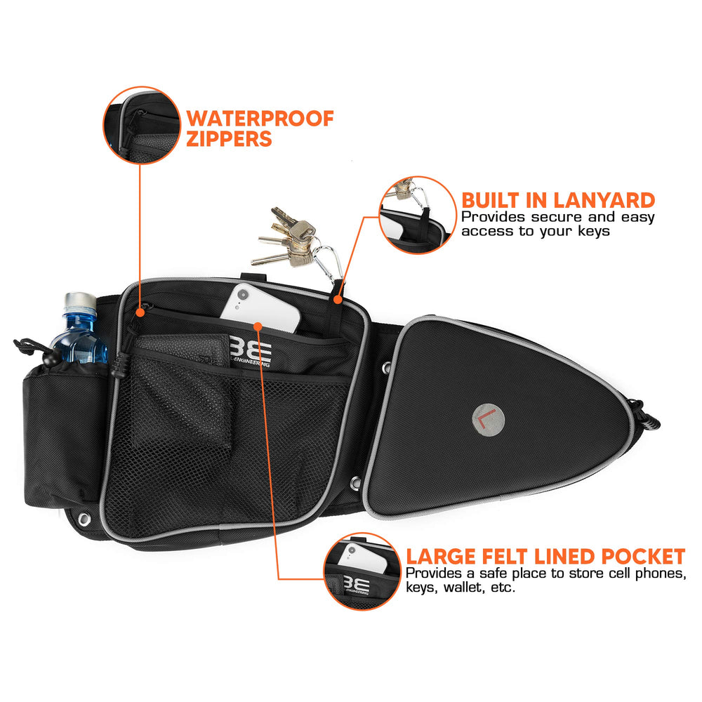 Bevel Engineering pocket holding phone and sunglasses for quick access
