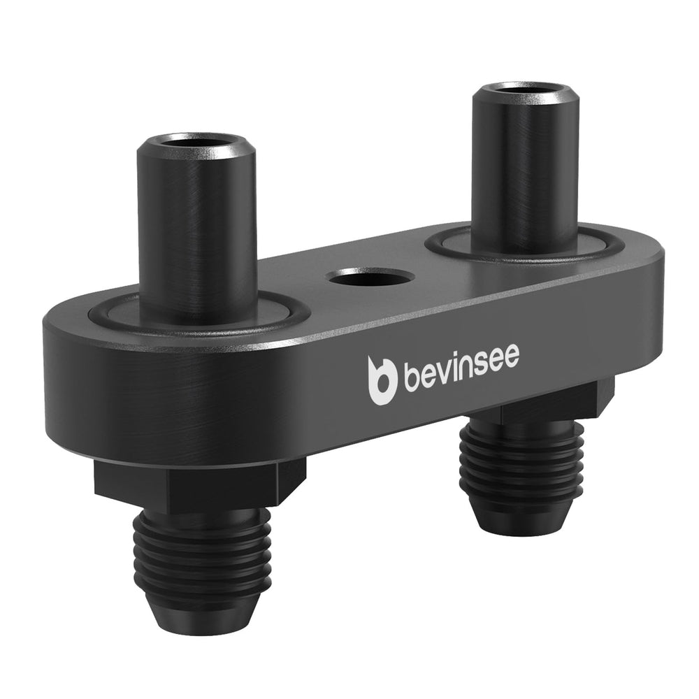 Bevinsee adapter with 6AN fittings and gasket arranged to show included hardware and simplified installation benefit