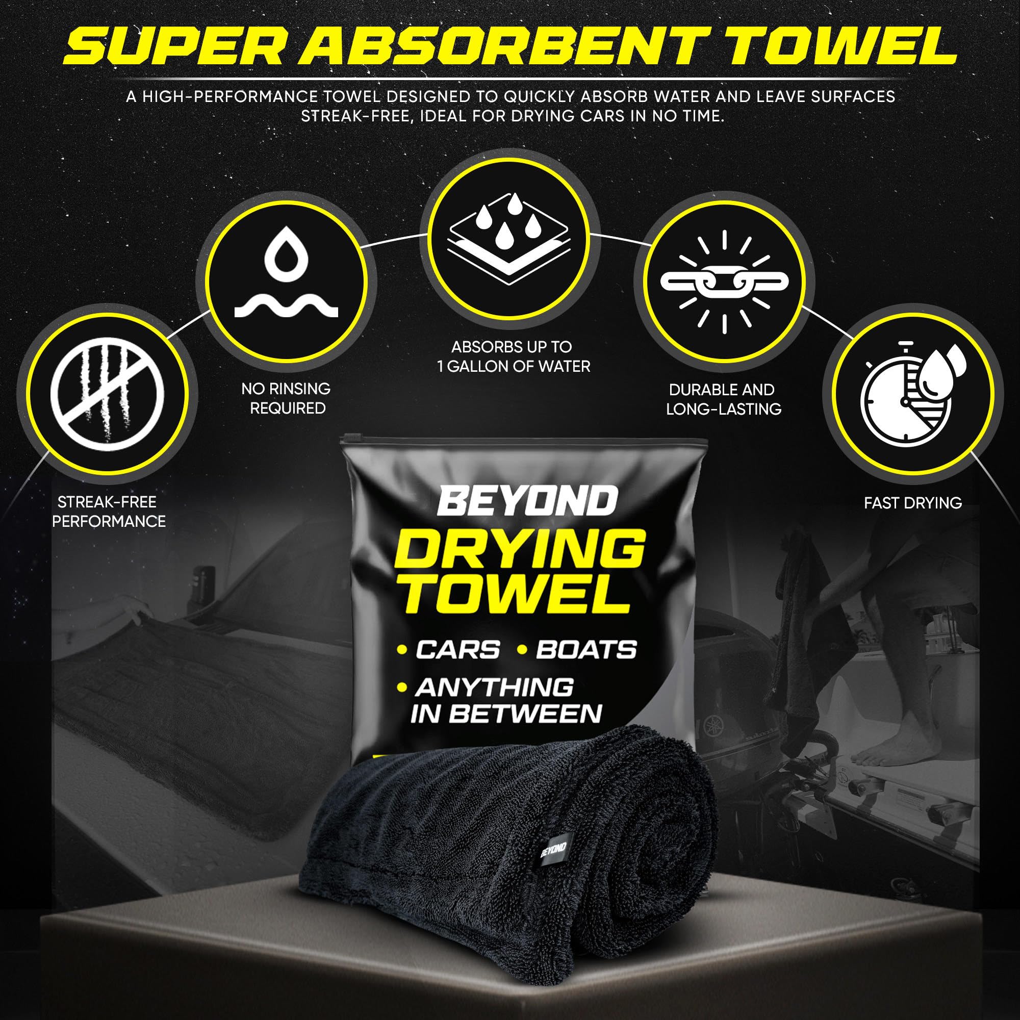 Beyond Braid towel being used on car hood delivering streak-free, scratch-safe drying