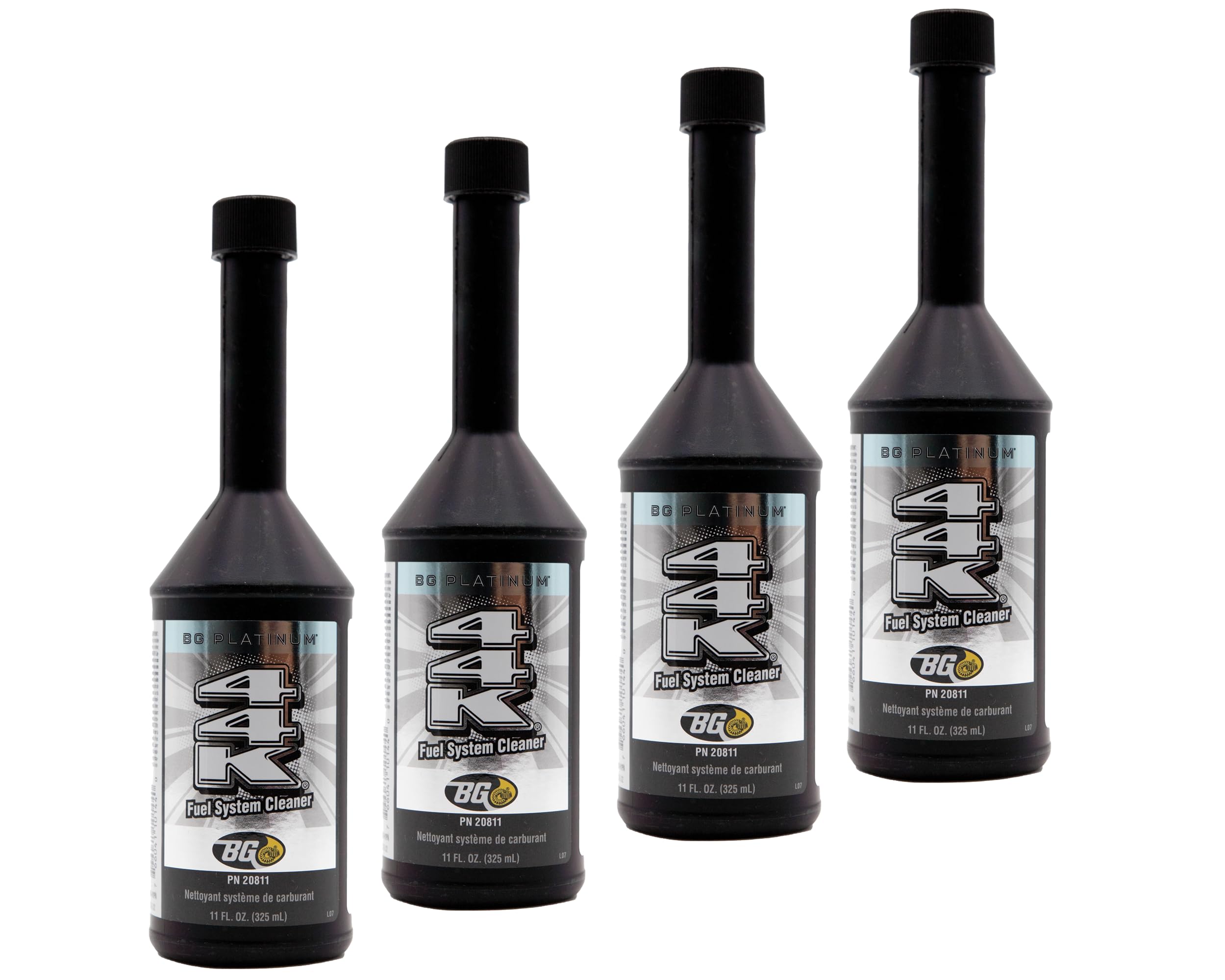 BG brand front packaging of 44K four-pack showing cans and clear label benefits