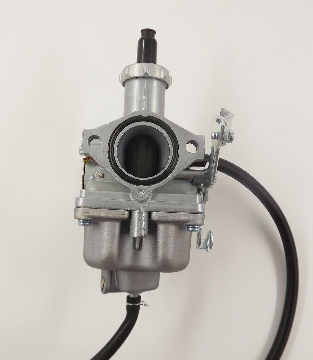 BH-Motor carburetor top detail with throttle linkage and jets visible, aids precise adjustment