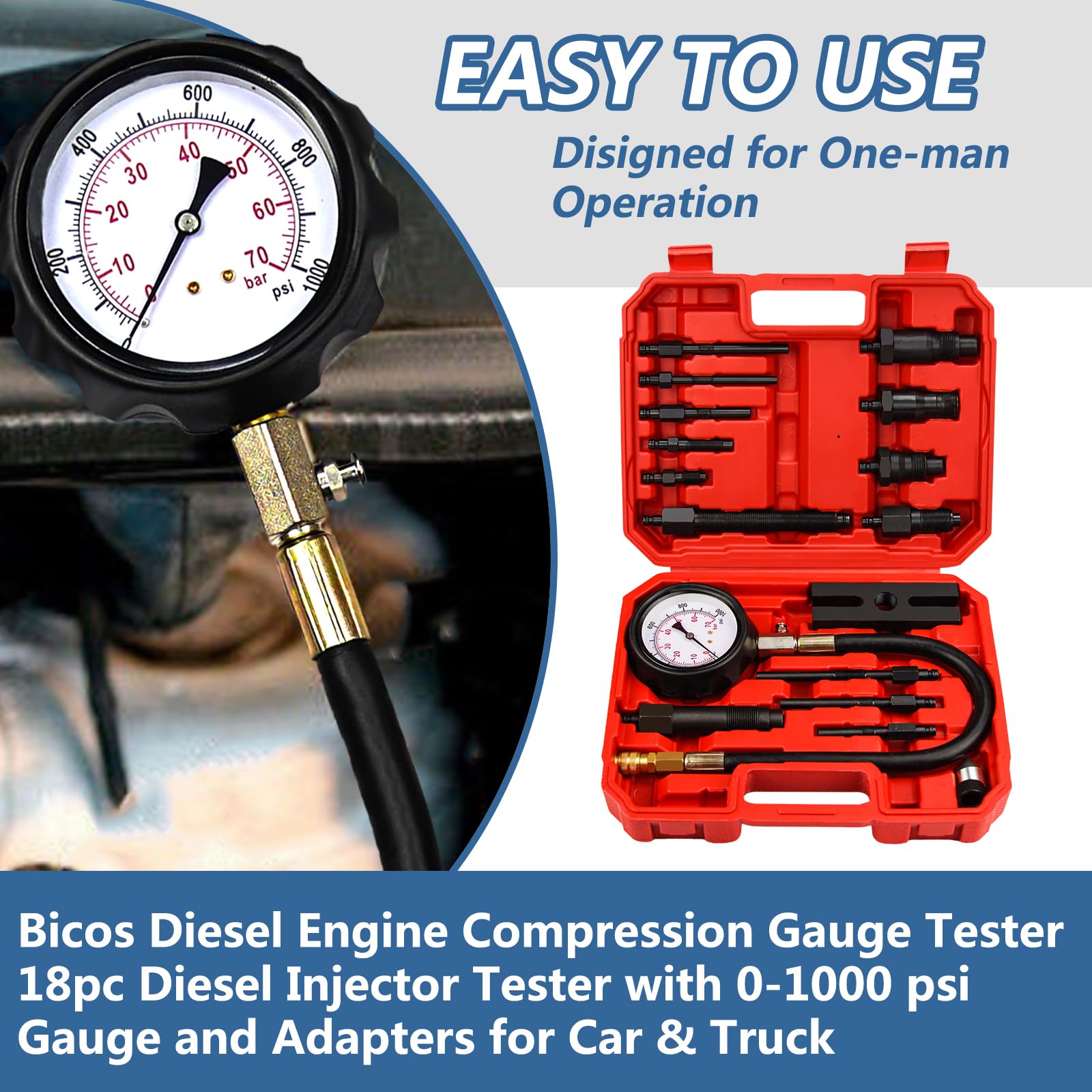 Bicos compression tester attached to a truck engine showing practical diagnostic use benefit