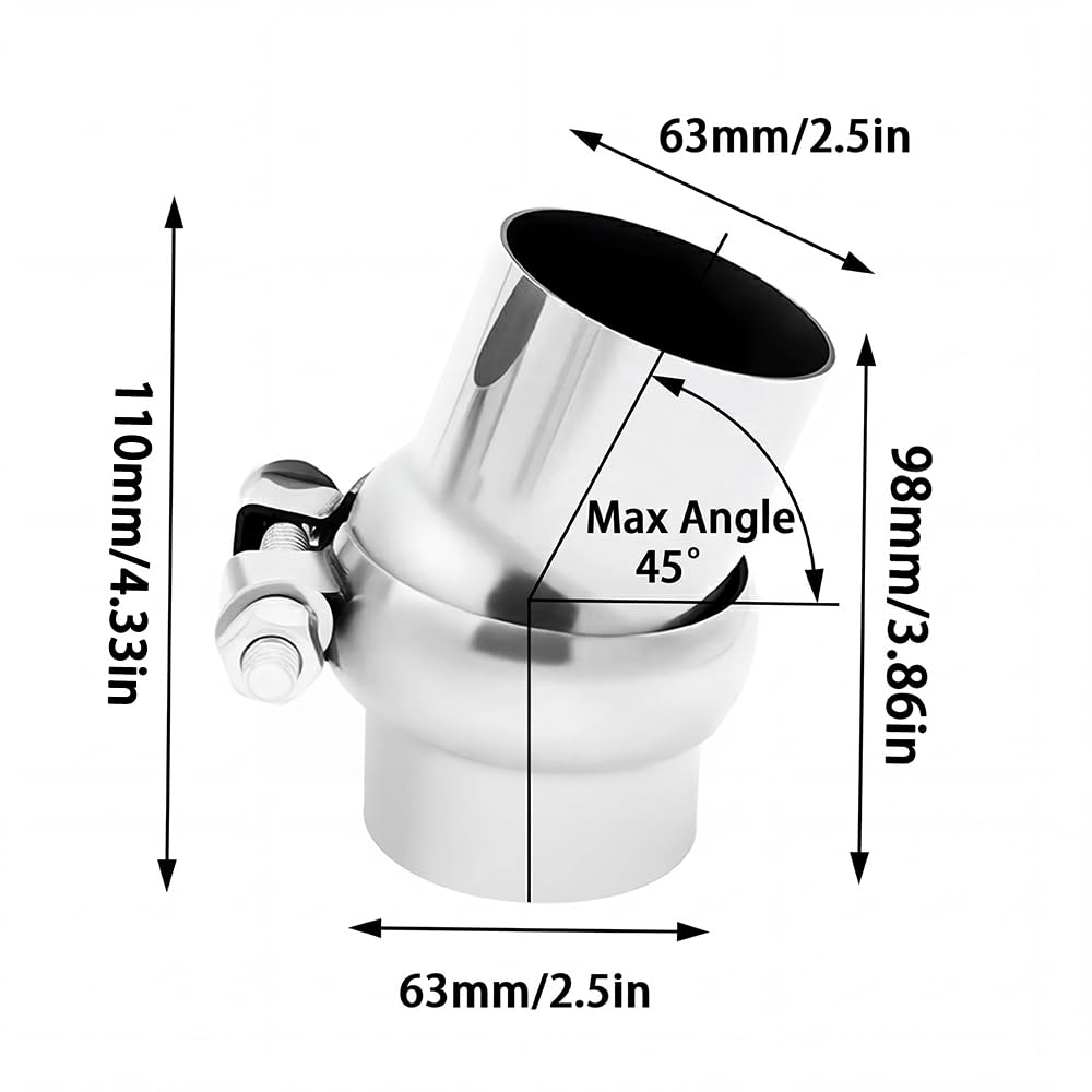 Bielpord elbow beside a ruler showing 105mm length and 63mm diameter for verification