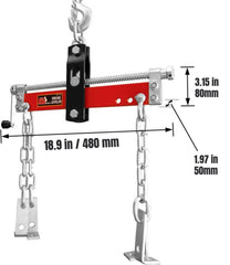 Big RED close-up of chains and L-bracket assemblies showing secure connections