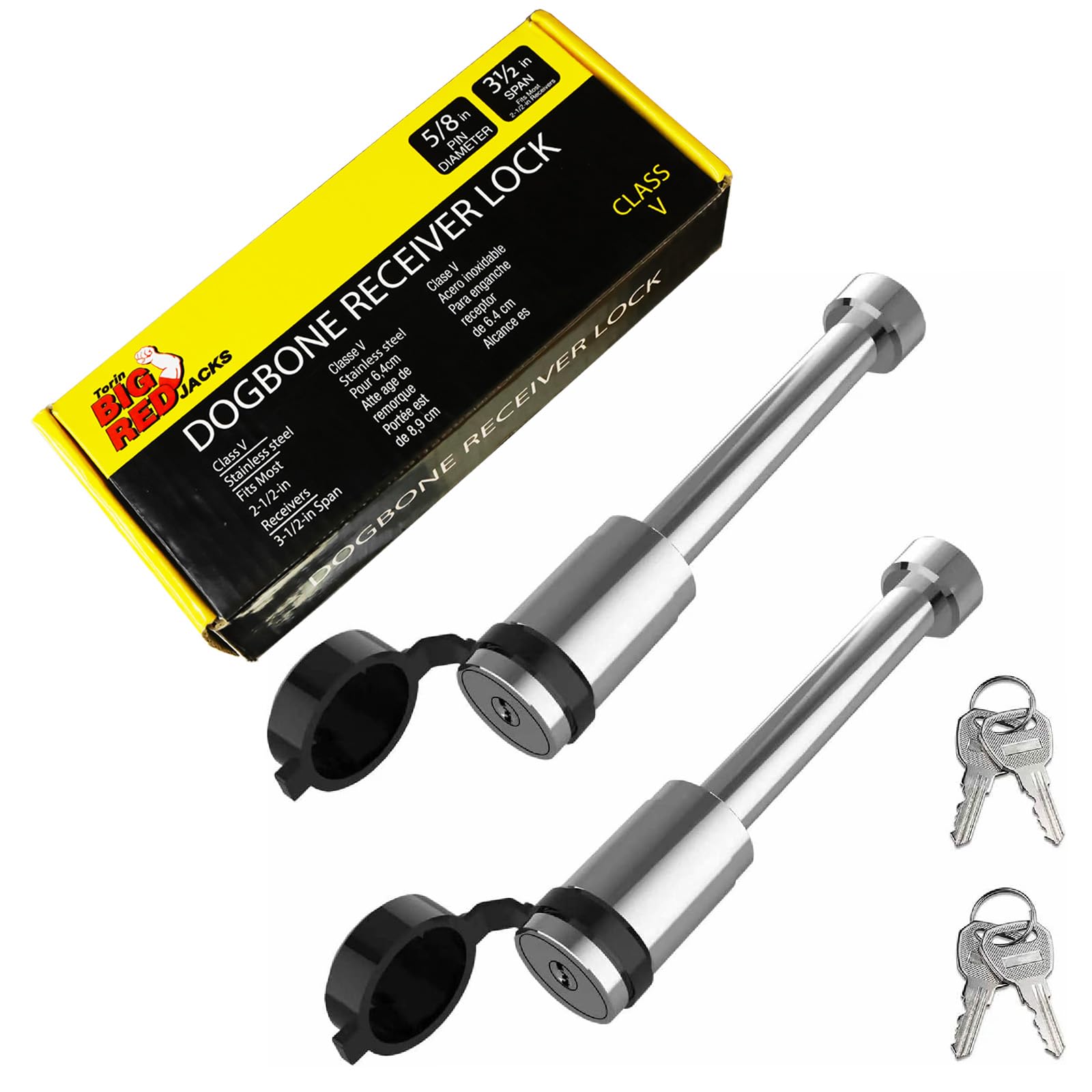 Big RED front packaging showing two hitch locks and keys for secure towing