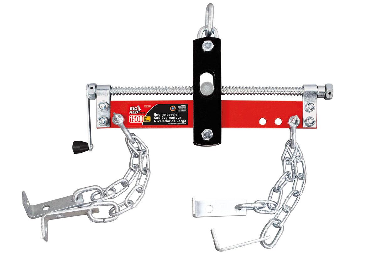 Big RED front view of leveler showing beam and center hook for balanced lifting