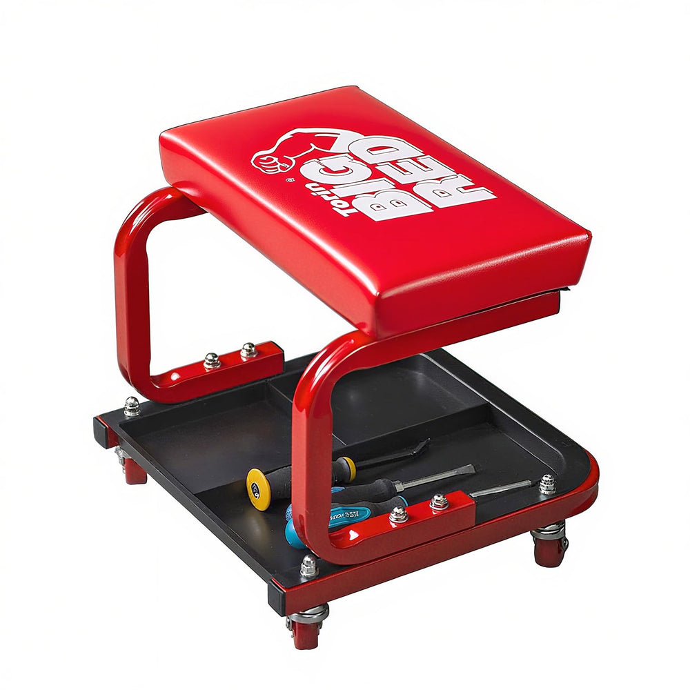 BIG RED front view of mechanic stool showing full design and mobility benefits