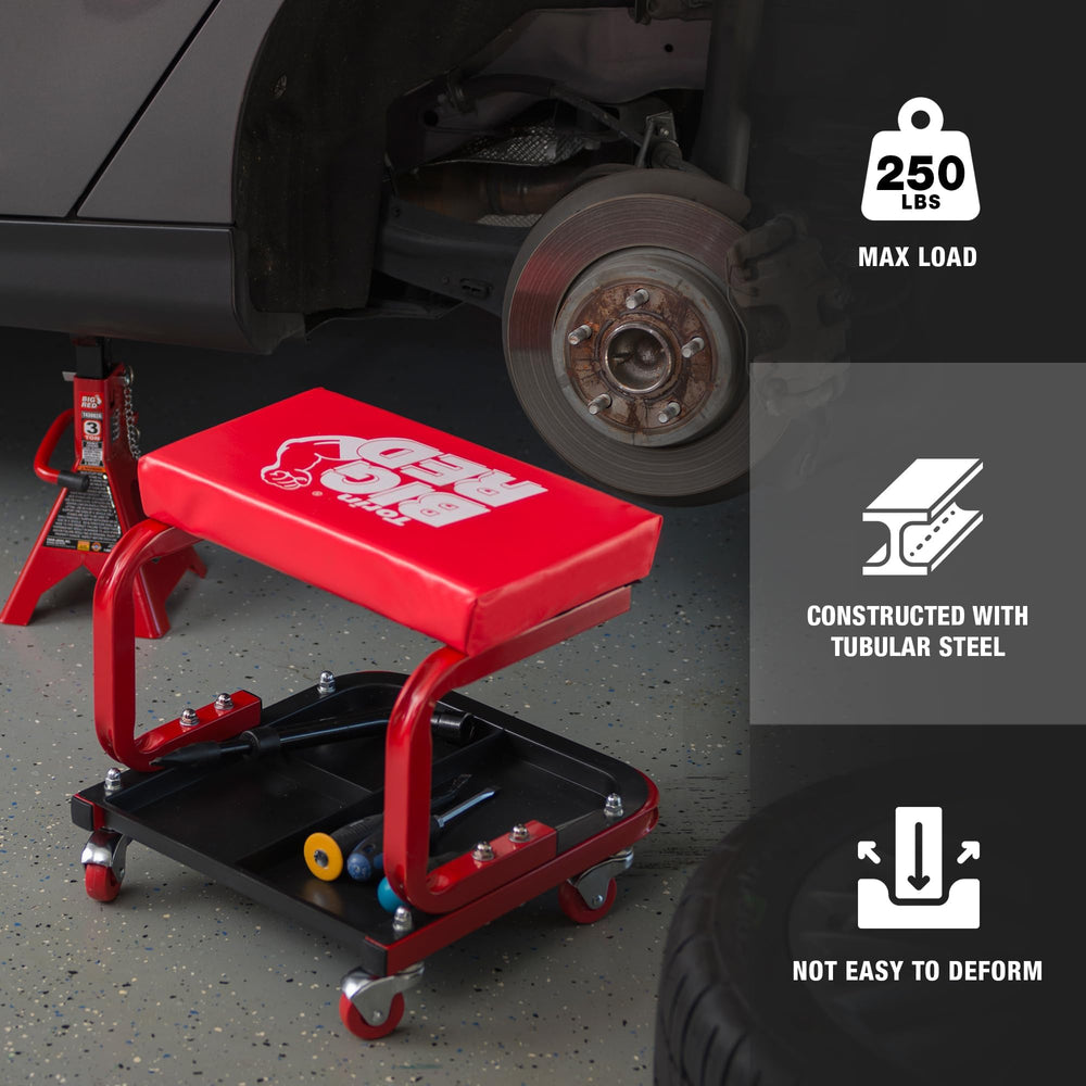 BIG RED rolling creeper seat in garage setting improves workshop efficiency