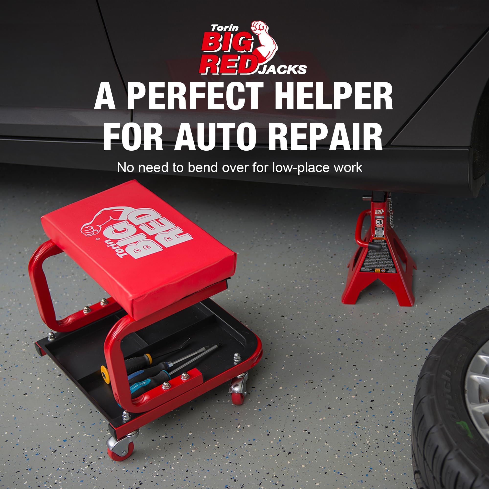 BIG RED under-seat three-zone tool tray detail keeps parts organized and handy
