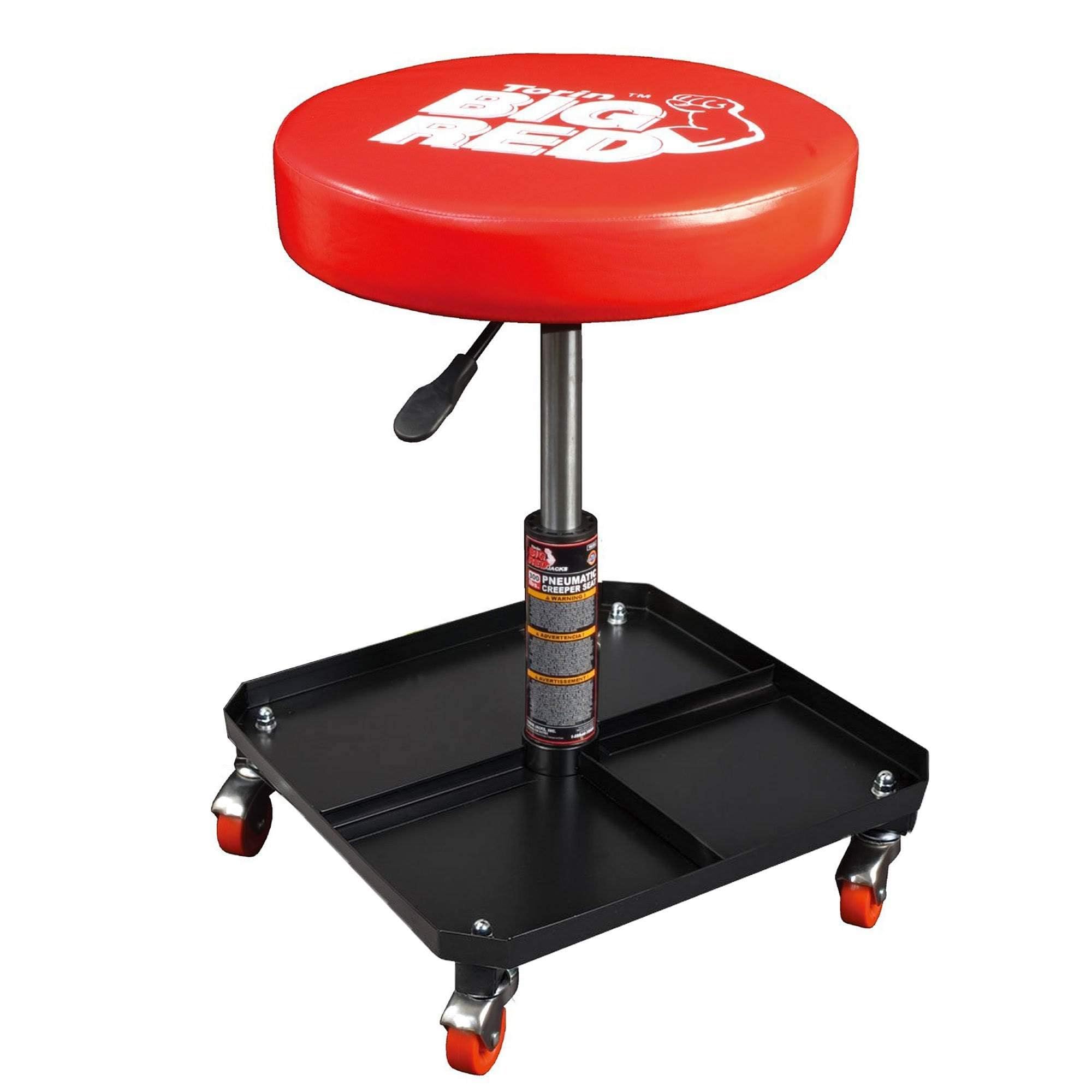 BIG RED front view of mechanic stool showing padded seat and tray, improves comfort