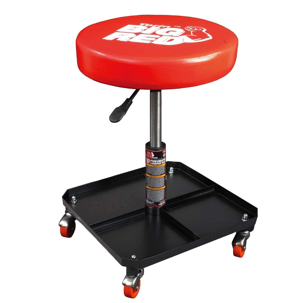 BIG RED front view of mechanic stool showing padded seat and tray, improves comfort