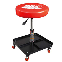 BIG RED front view of mechanic stool showing padded seat and tray, improves comfort
