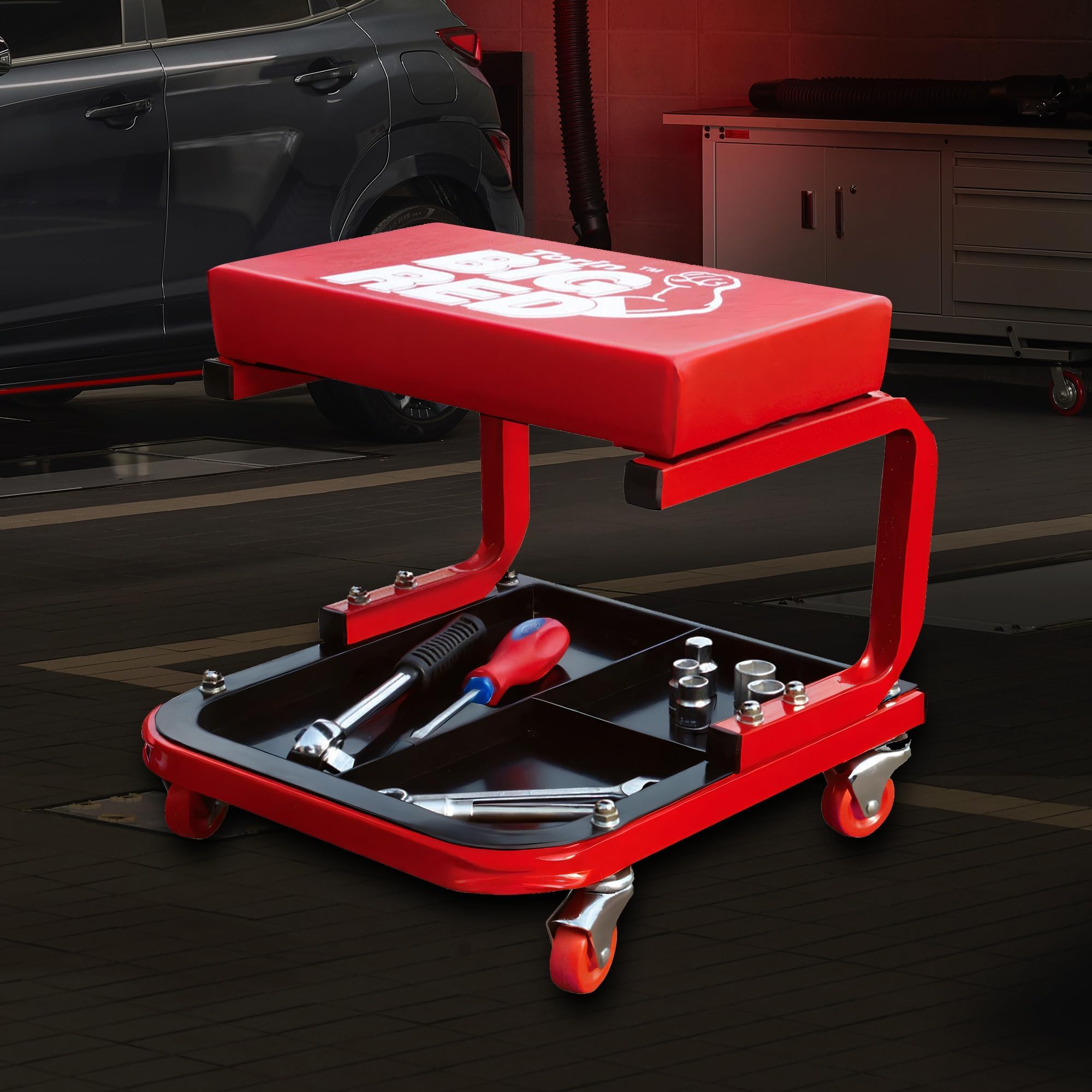 BIG RED close-up of padded seat cushion for added comfort during repairs