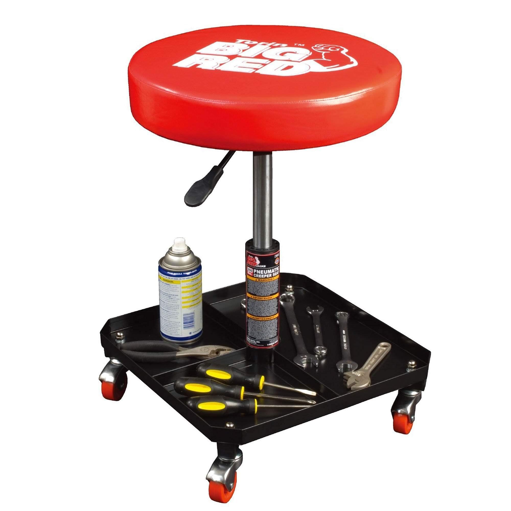 BIG RED stool in garage beside car, speeds workflow and reduces strain