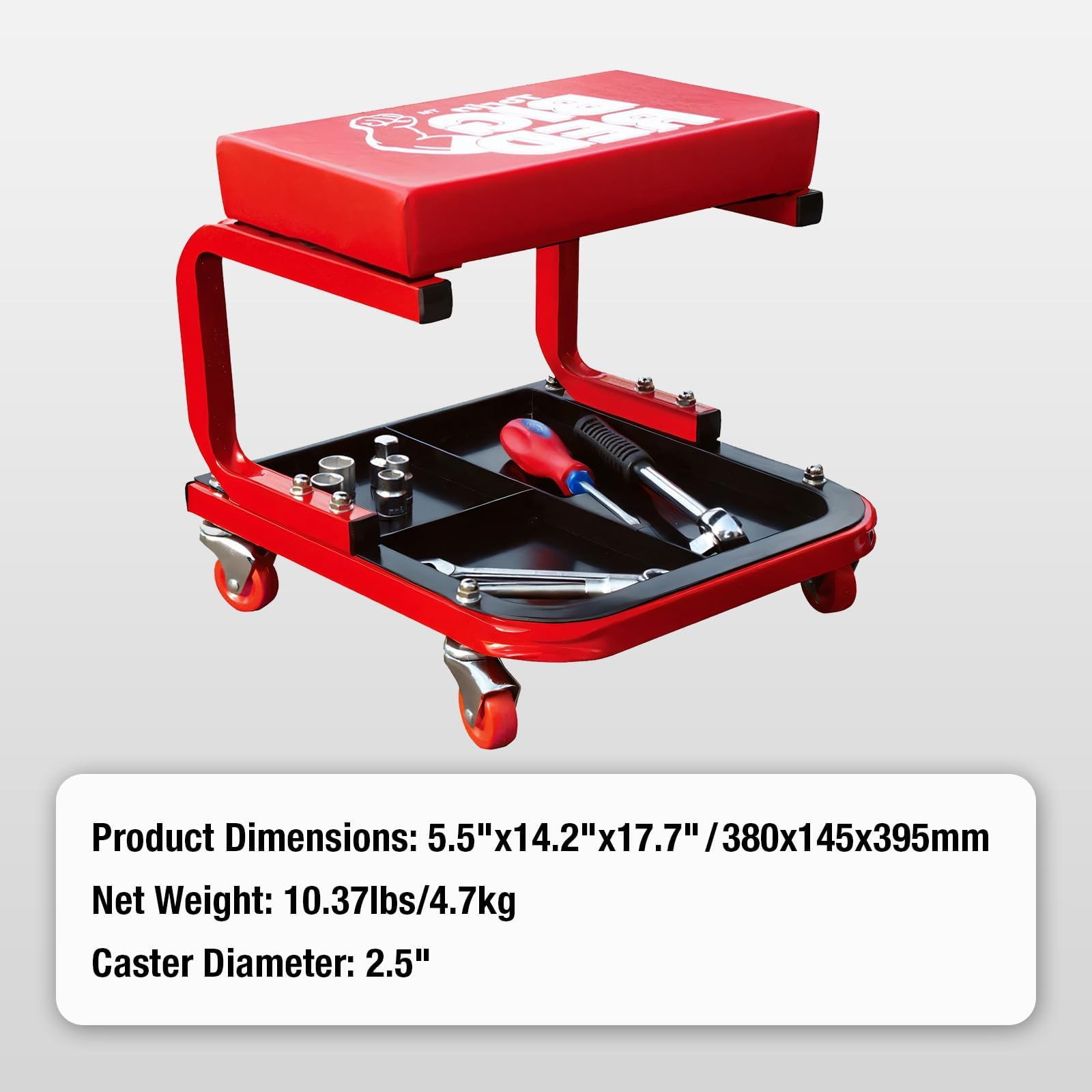 BIG RED stool rolling on concrete illustrating smooth movement and control