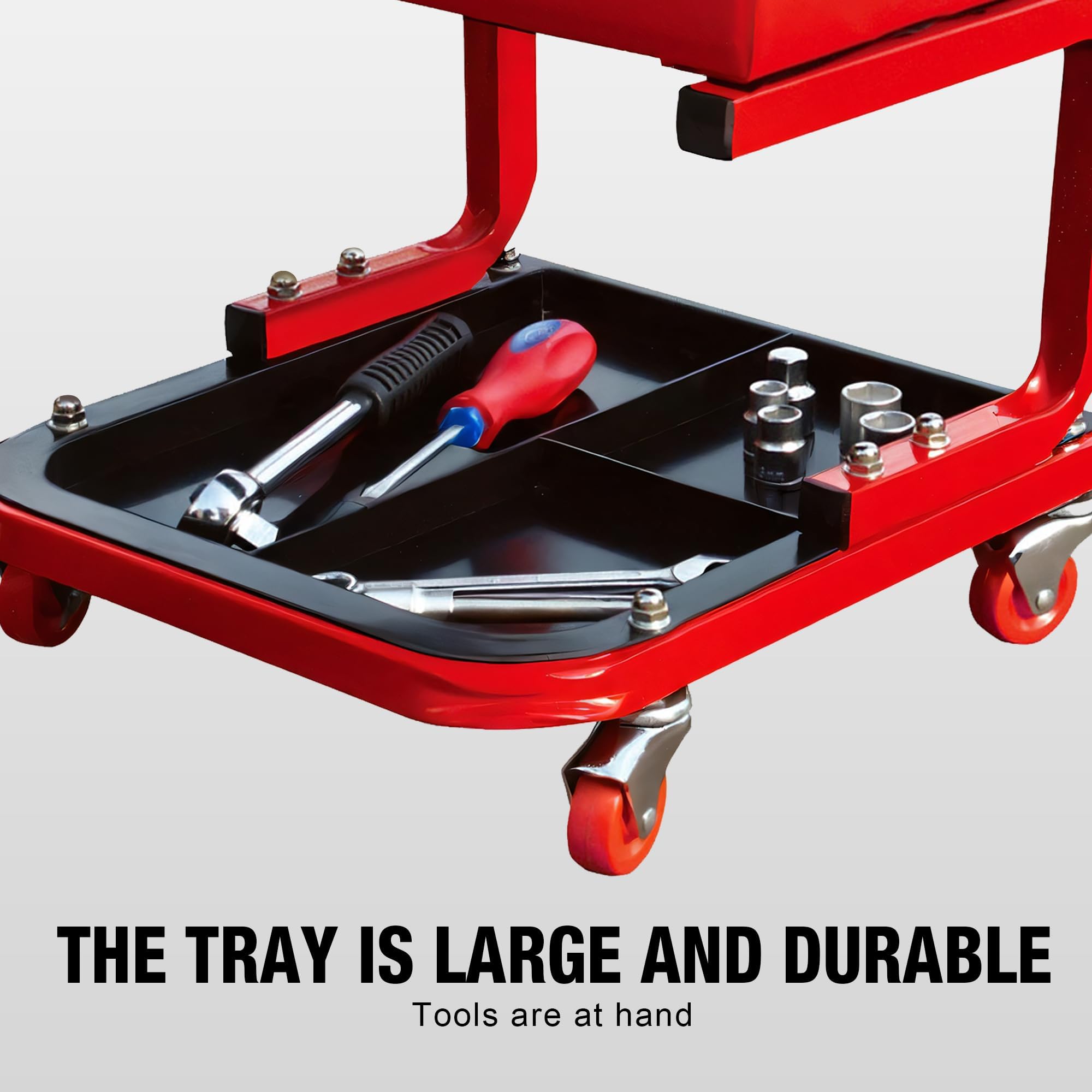 BIG RED stool beside toolbox for scale, showing compact portable footprint