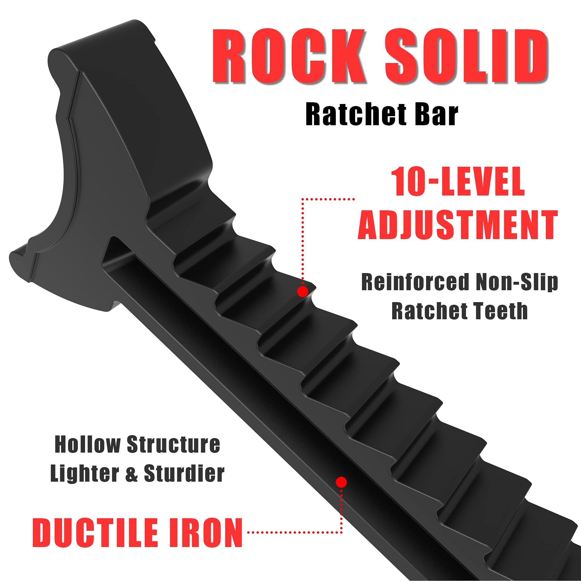 BIG RED forged sawtooth ratchet bar close-up for secure height locking