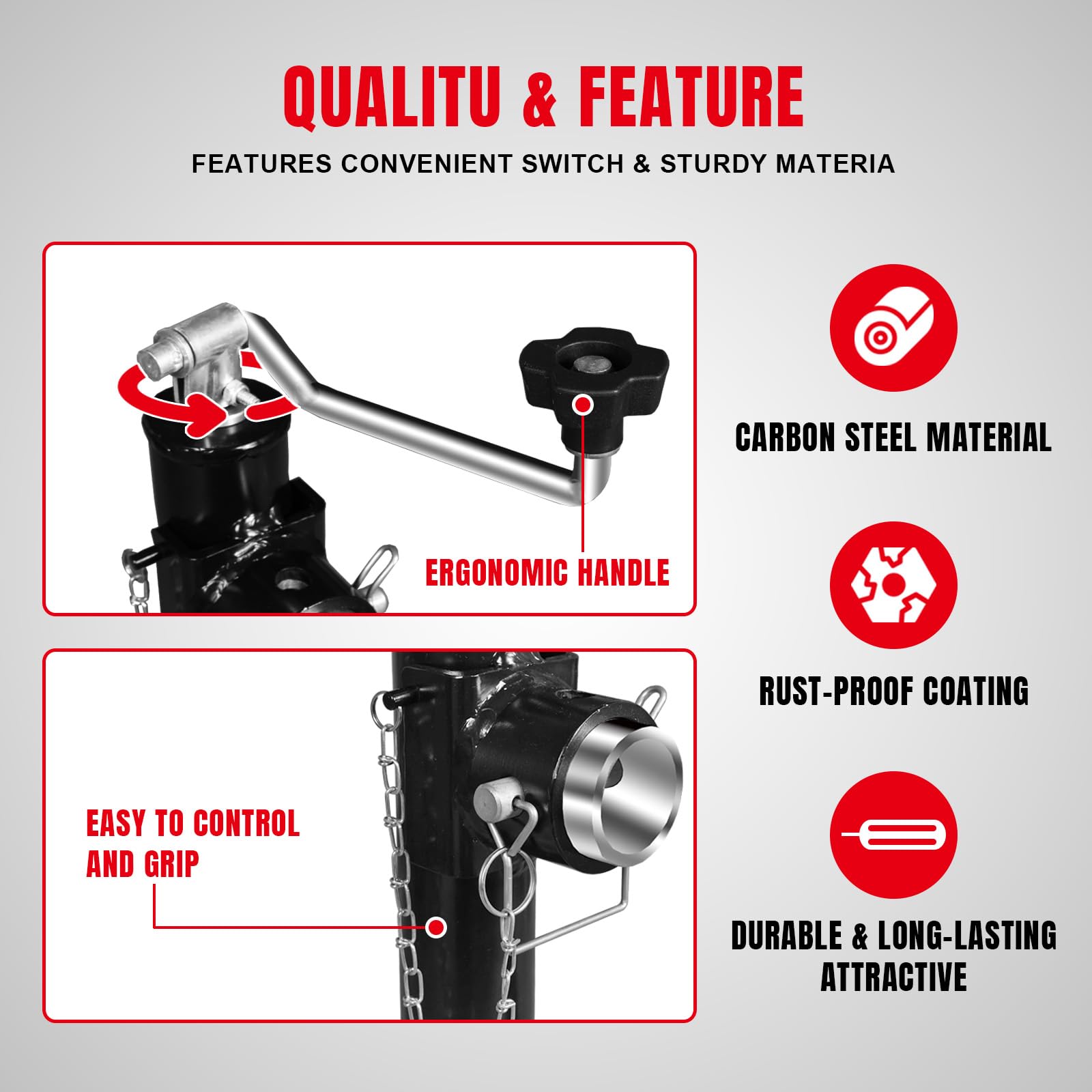 BIG RED close-up of top-wind handle grip for faster, smoother cranking