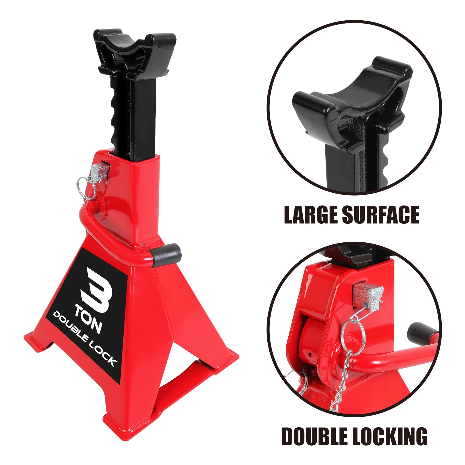BIG RED ratchet and double locking pins detail for fast secure height locking